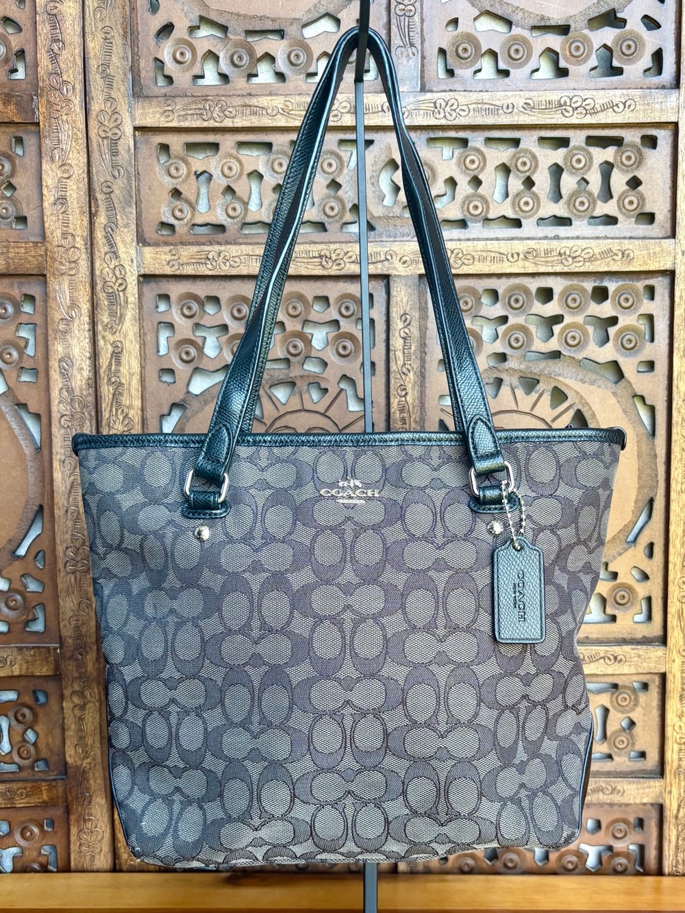 Coach Zip Top Tote Outline Signature Canvas Black/Gray - D1657 F55364 (2016)